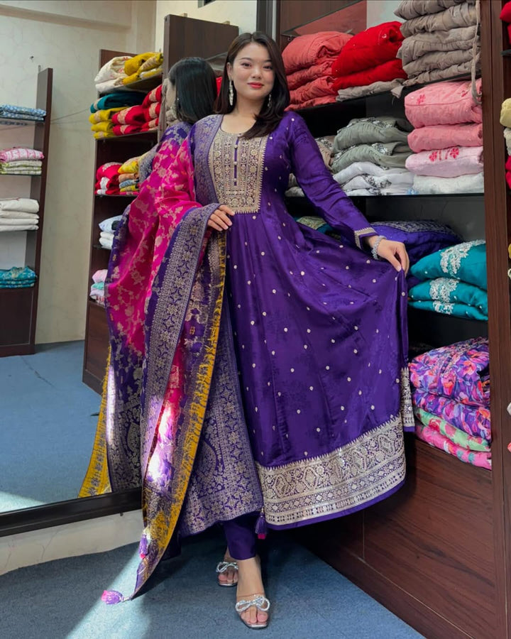 Anarkali Flared Kurti Pant Dupatta Set :3 piece suit(top,bottom&dupatta)