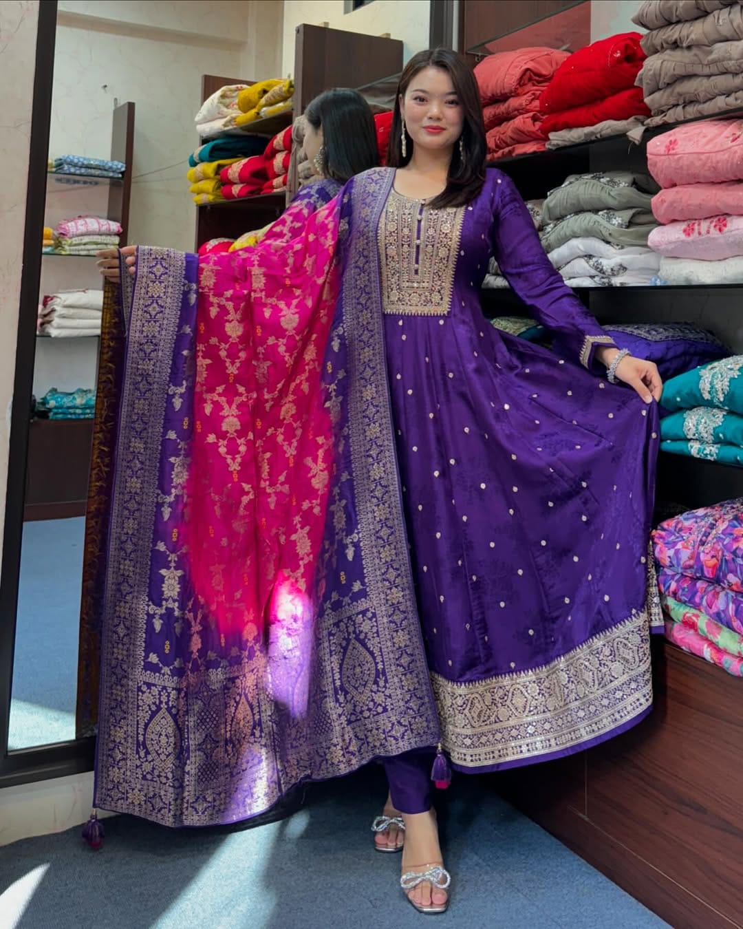 Anarkali Flared Kurti Pant Dupatta Set :3 piece suit(top,bottom&dupatta)