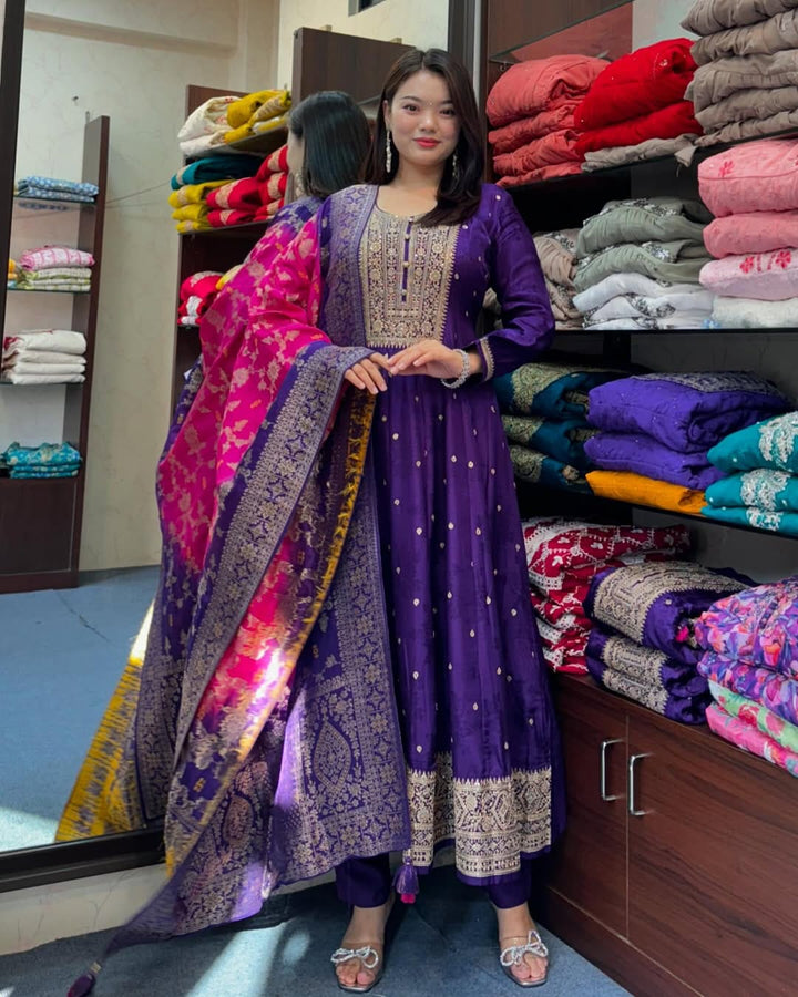 Anarkali Flared Kurti Pant Dupatta Set :3 piece suit(top,bottom&dupatta)