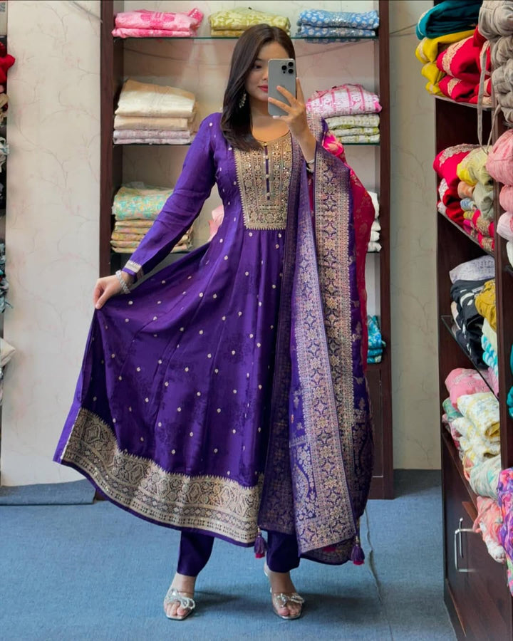 Anarkali Flared Kurti Pant Dupatta Set :3 piece suit(top,bottom&dupatta)