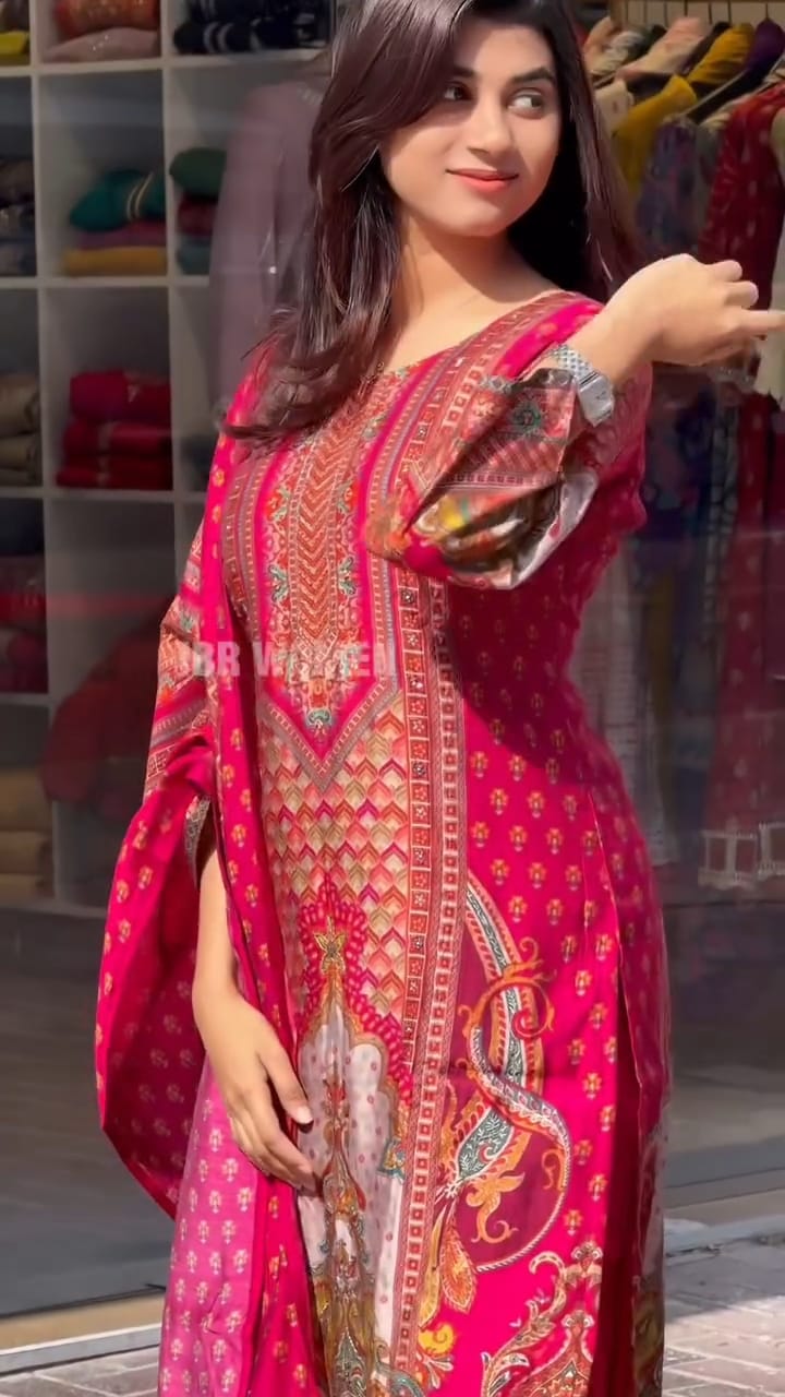 Muslin Pakistani Suit with Digital Prints :3 piece suit(top,bottom&dupatta)