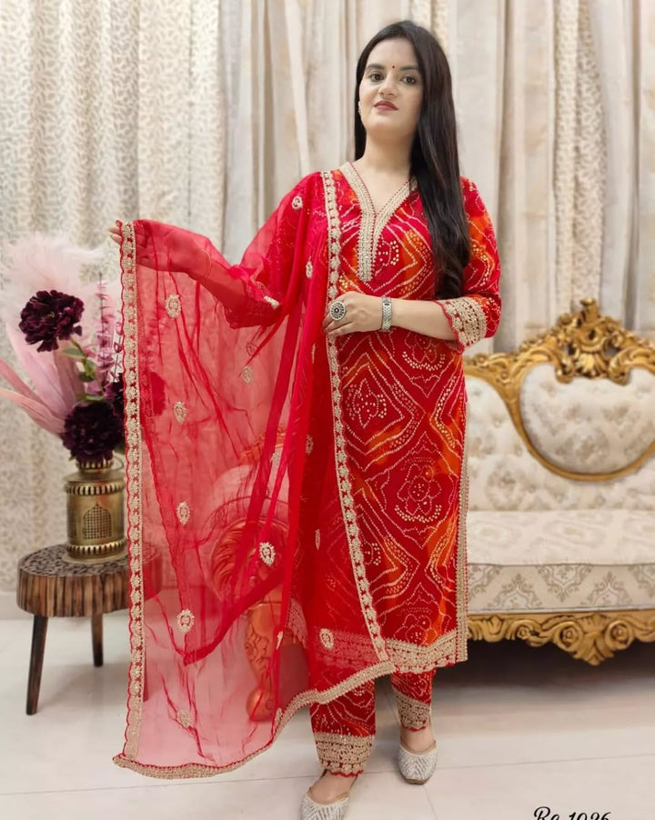 Pure Cambric Cotton Ensemble with Bandhani Print :3 piece suit(top,bottom&dupatta)