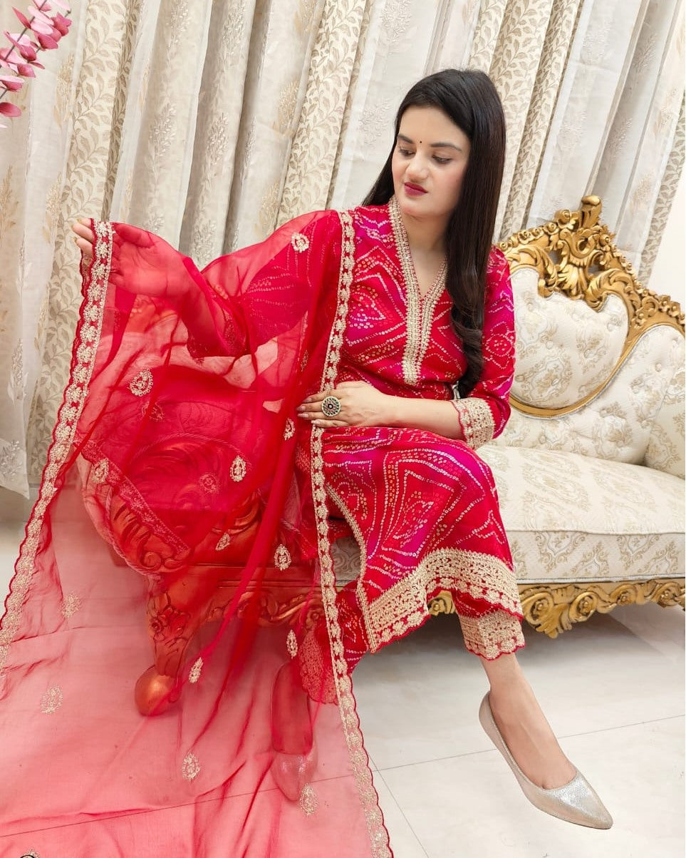 Pure Cambric Cotton Ensemble with Bandhani Print :3 piece suit(top,bottom&dupatta)