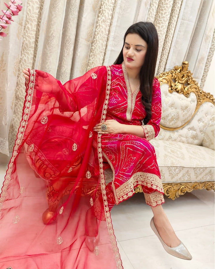 Pure Cambric Cotton Ensemble with Bandhani Print :3 piece suit(top,bottom&dupatta)