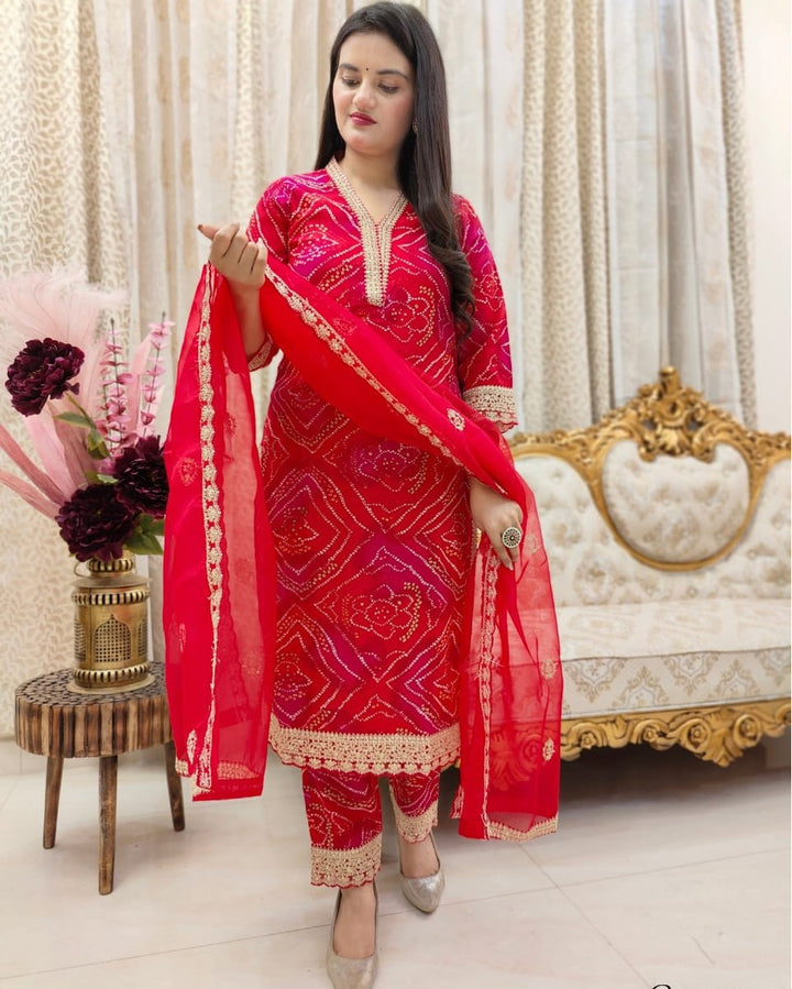 Pure Cambric Cotton Ensemble with Bandhani Print :3 piece suit(top,bottom&dupatta)
