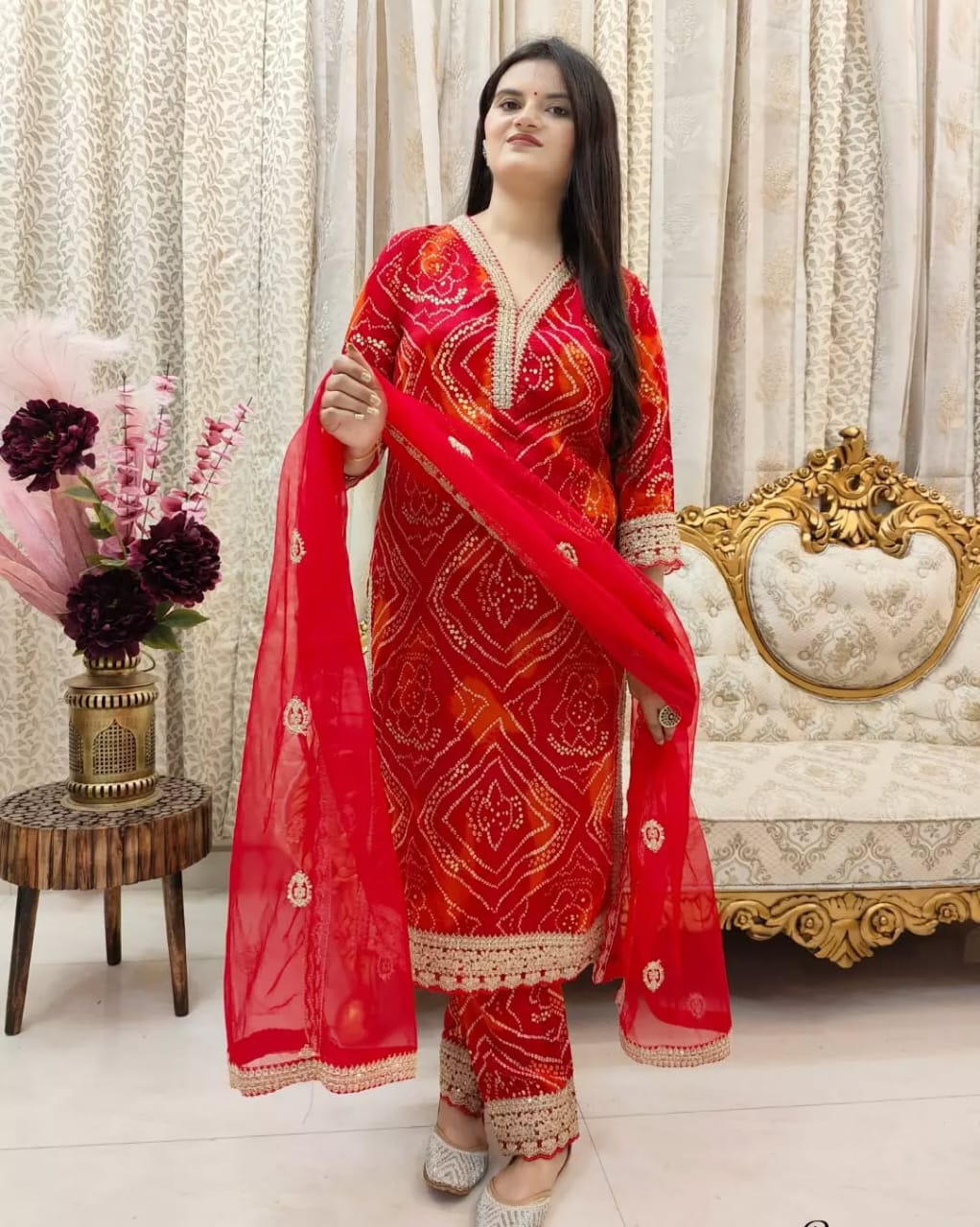 Pure Cambric Cotton Ensemble with Bandhani Print :3 piece suit(top,bottom&dupatta)