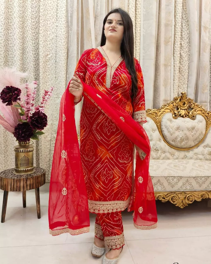 Pure Cambric Cotton Ensemble with Bandhani Print :3 piece suit(top,bottom&dupatta)