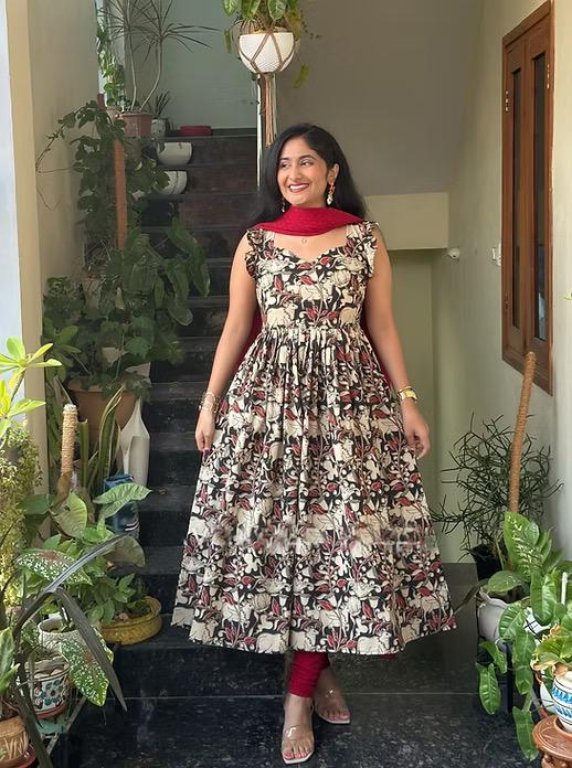 Beautiful Kalamkari Print Frock :3 piece suit(top,bottom&dupatta)