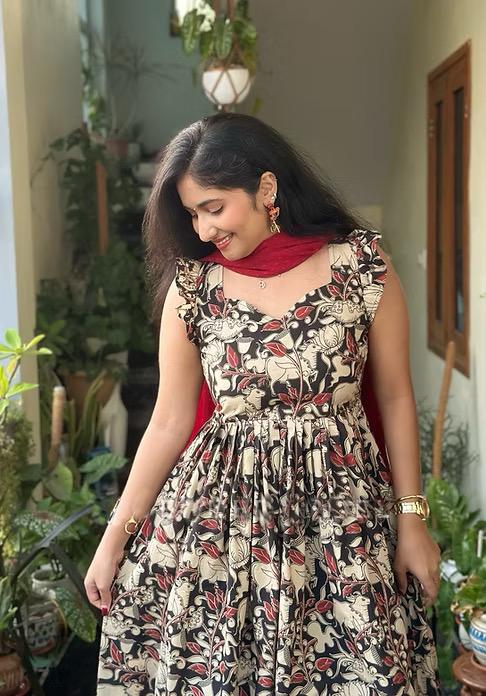 Beautiful Kalamkari Print Frock :3 piece suit(top,bottom&dupatta)