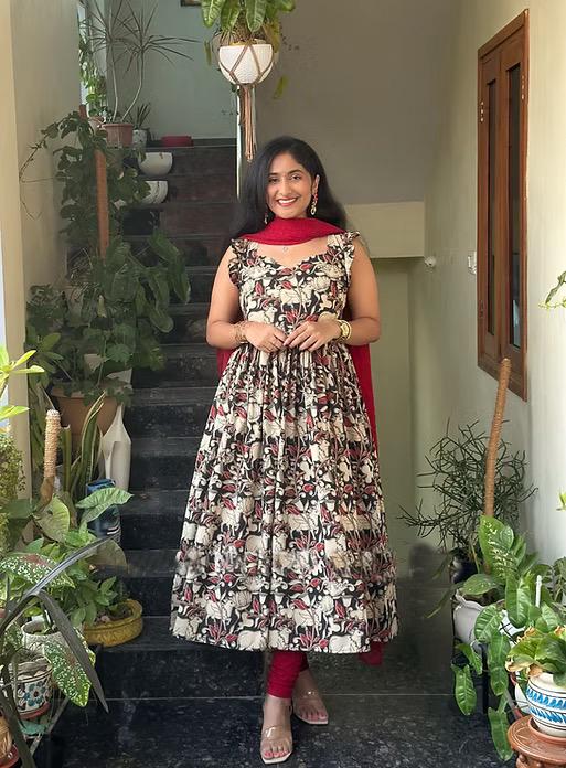 Beautiful Kalamkari Print Frock :3 piece suit(top,bottom&dupatta)