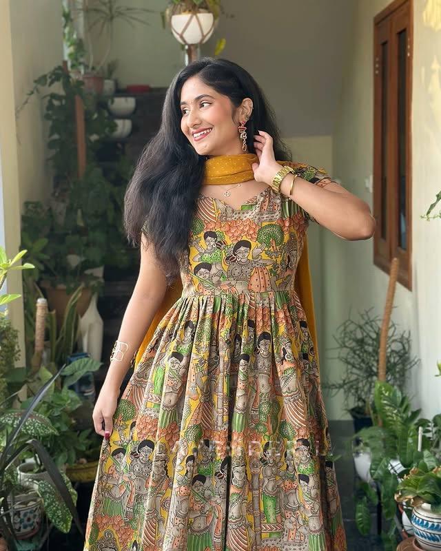 Beautiful Kalamkari Print Frock :3 piece suit(top,bottom&dupatta)