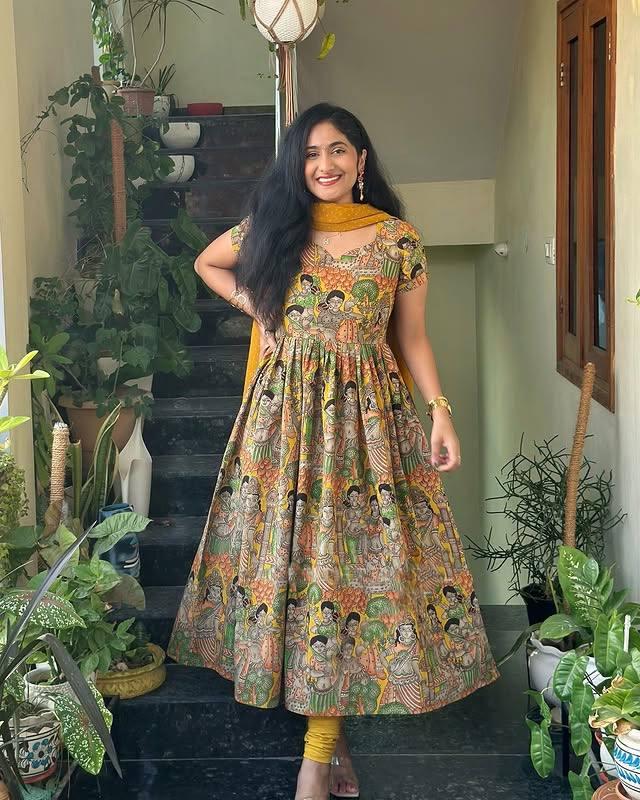 Beautiful Kalamkari Print Frock :3 piece suit(top,bottom&dupatta)