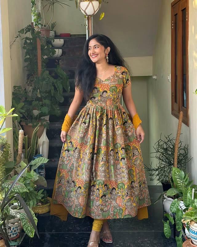 Beautiful Kalamkari Print Frock :3 piece suit(top,bottom&dupatta)