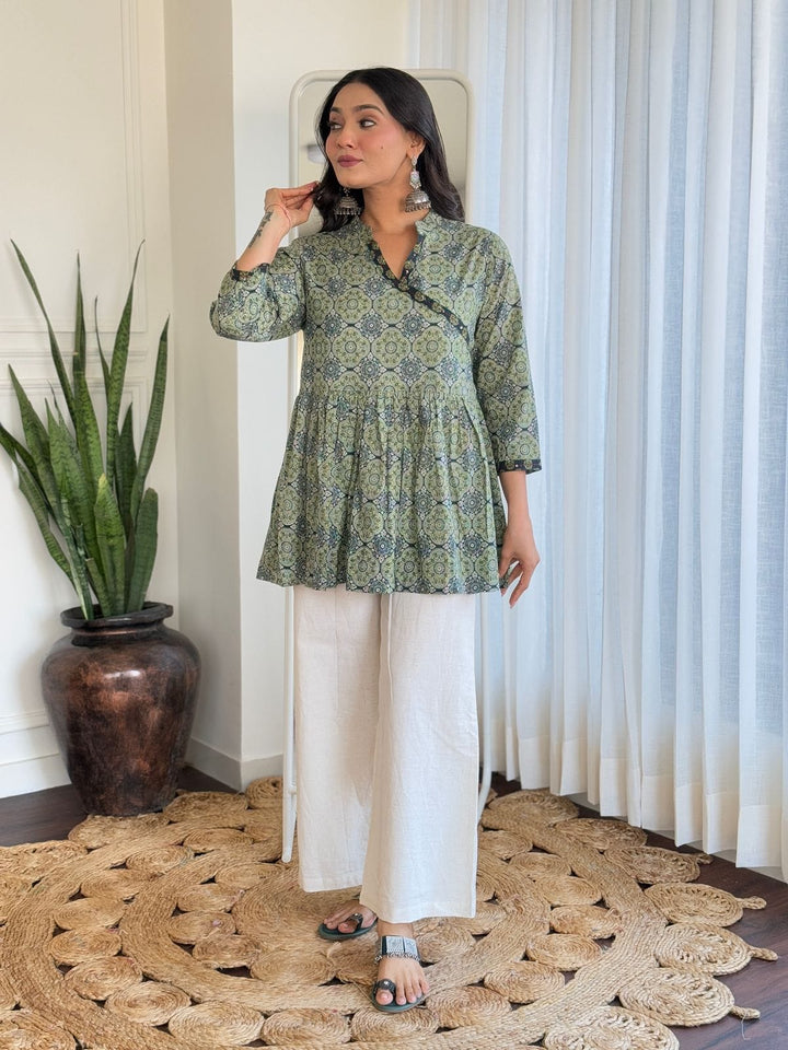 Modern Elegance Pure Cotton Angrakha Style Co-Ord Set :3 piece suit(top,bottom&dupatta)