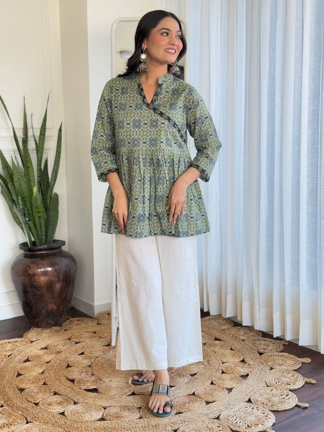 Modern Elegance Pure Cotton Angrakha Style Co-Ord Set :3 piece suit(top,bottom&dupatta)