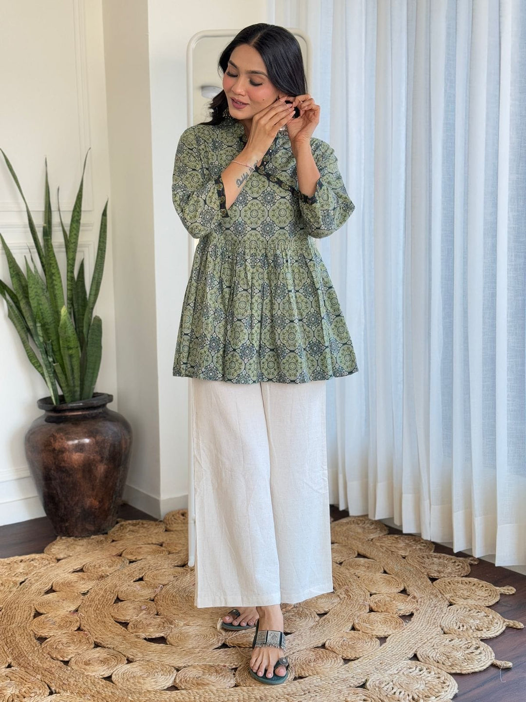 Modern Elegance Pure Cotton Angrakha Style Co-Ord Set :3 piece suit(top,bottom&dupatta)