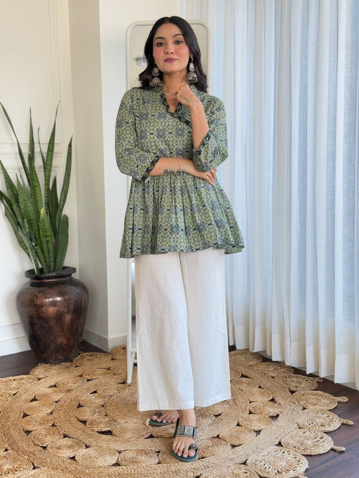 Modern Elegance Pure Cotton Angrakha Style Co-Ord Set :3 piece suit(top,bottom&dupatta)