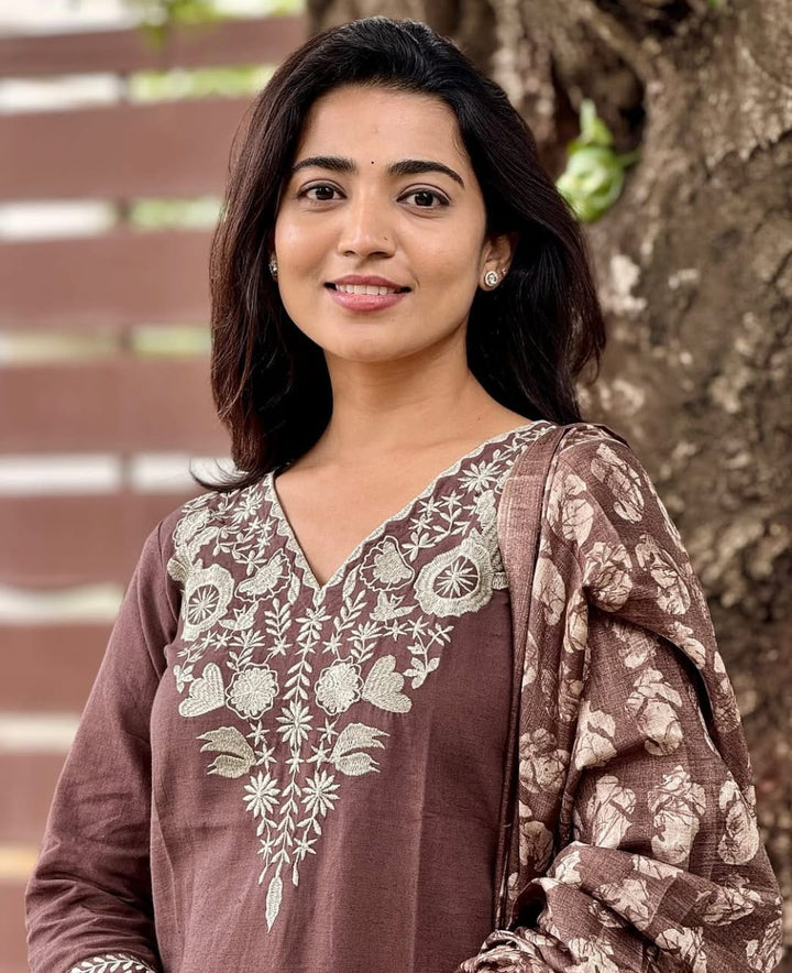 Classy Handloom Embroidery Set with Khadi Silk Banarasi Print Dupatta :3 piece suit(top,bottom&dupatta)