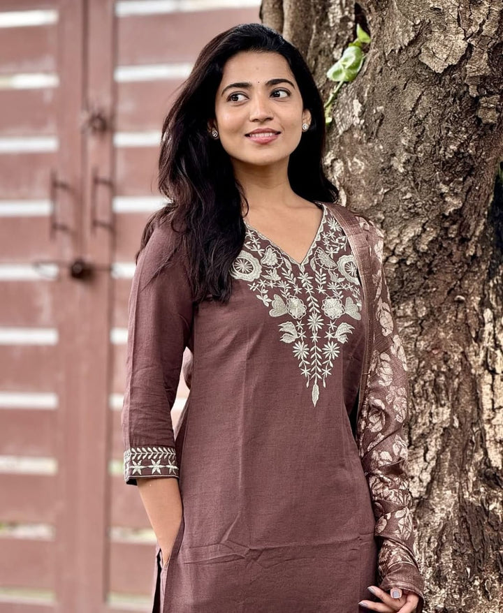 Classy Handloom Embroidery Set with Khadi Silk Banarasi Print Dupatta :3 piece suit(top,bottom&dupatta)