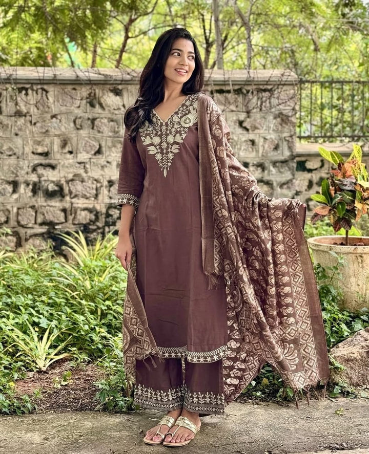 Classy Handloom Embroidery Set with Khadi Silk Banarasi Print Dupatta :3 piece suit(top,bottom&dupatta)