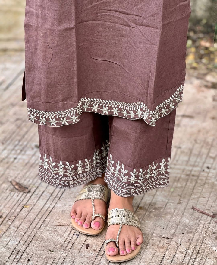Classy Handloom Embroidery Set with Khadi Silk Banarasi Print Dupatta :3 piece suit(top,bottom&dupatta)