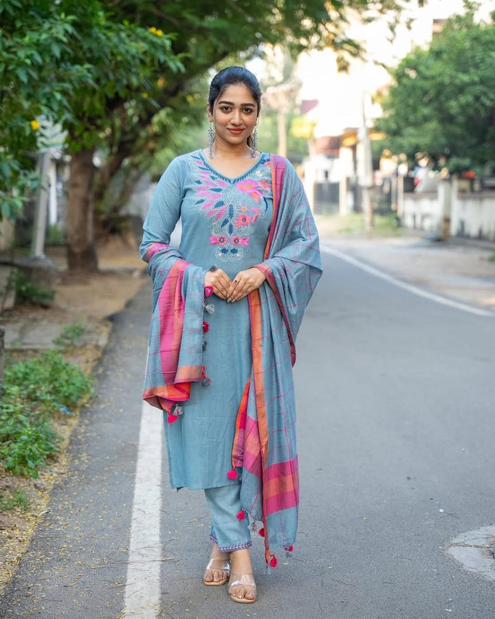 Elevate Your Style with Our Classy Handloom A-Line Kurti Set :3 piece suit(top,bottom&dupatta)