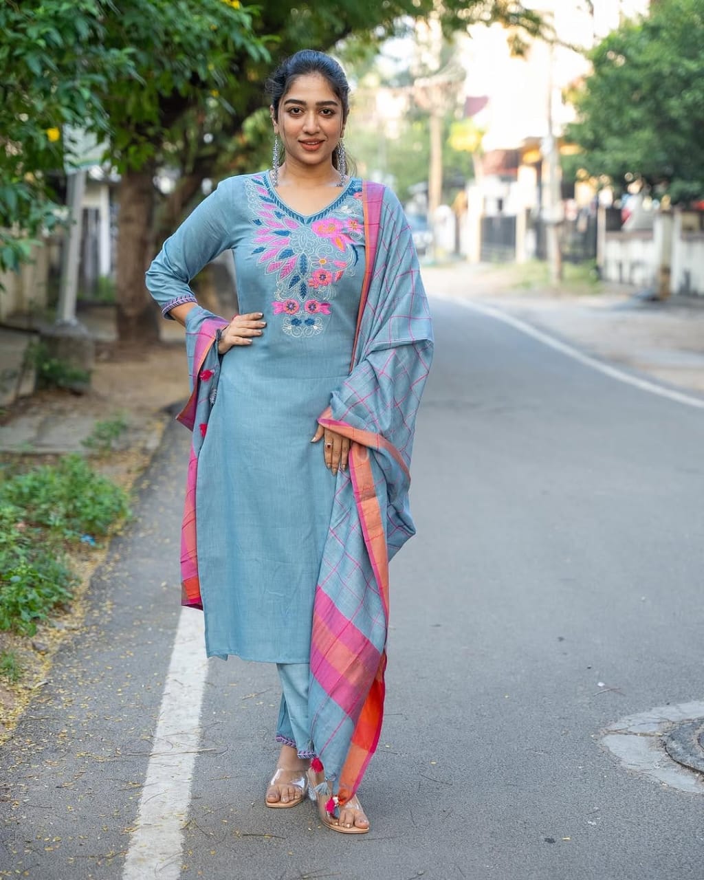 Elevate Your Style with Our Classy Handloom A-Line Kurti Set :3 piece suit(top,bottom&dupatta)