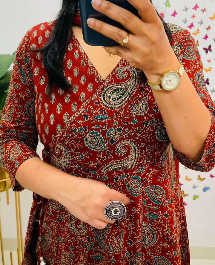 Elegant Angrakha-Style Anarkali Kurta Set :3 piece suit(top,bottom&dupatta)