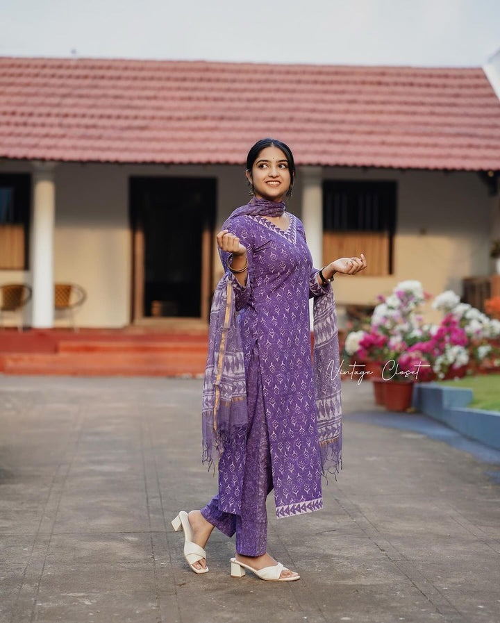 Stay Stylish Cool in Our Polka-Dot Printed A-Line Kurti Set :3 piece suit(top,bottom&dupatta)