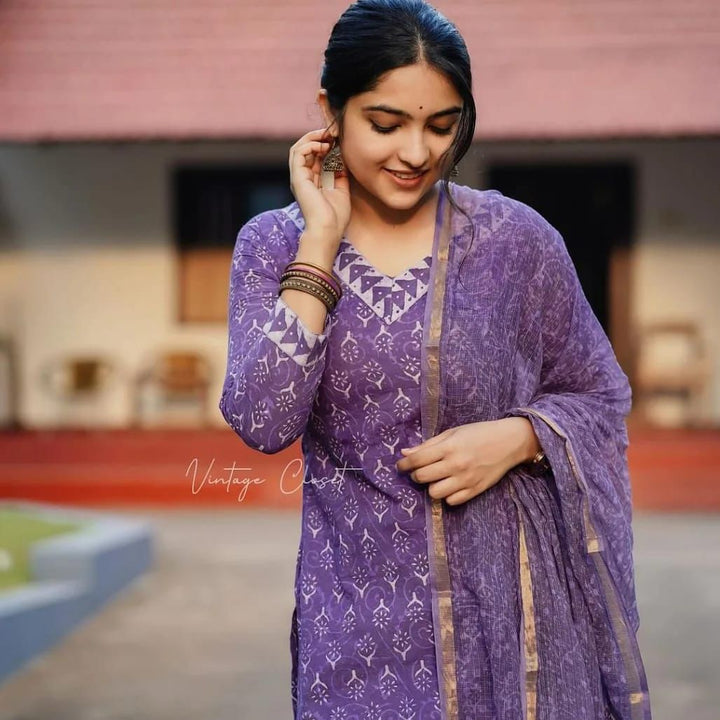 Stay Stylish Cool in Our Polka-Dot Printed A-Line Kurti Set :3 piece suit(top,bottom&dupatta)