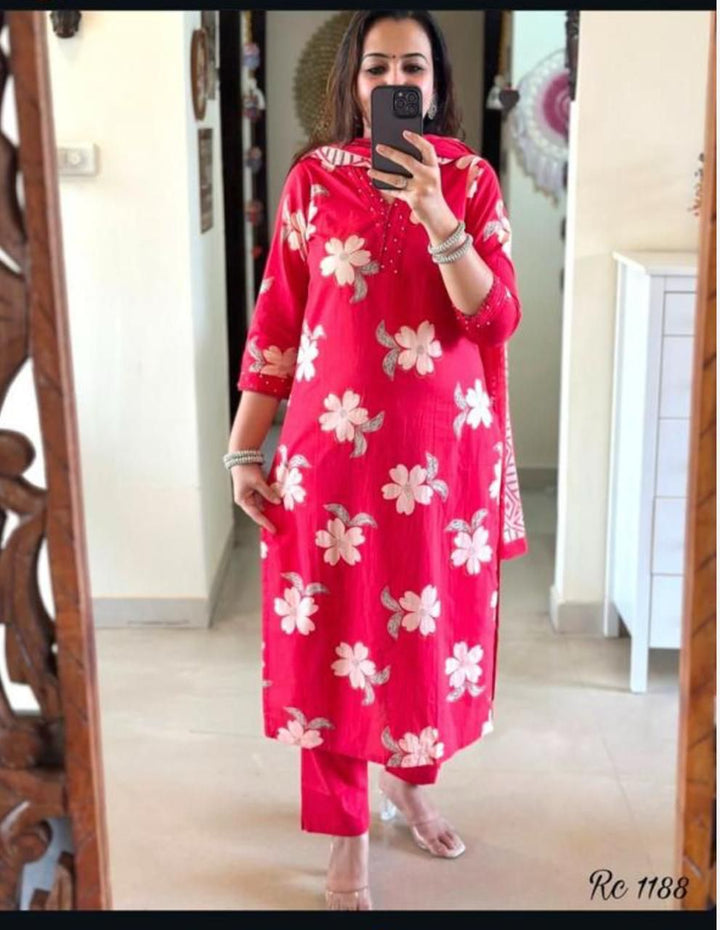Cotton–Double Layer Anarkali Kurti Set with Malmal Dupatta :3 piece suit(top,bottom&dupatta)