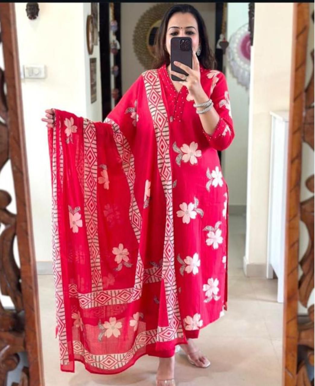 Cotton–Double Layer Anarkali Kurti Set with Malmal Dupatta :3 piece suit(top,bottom&dupatta)