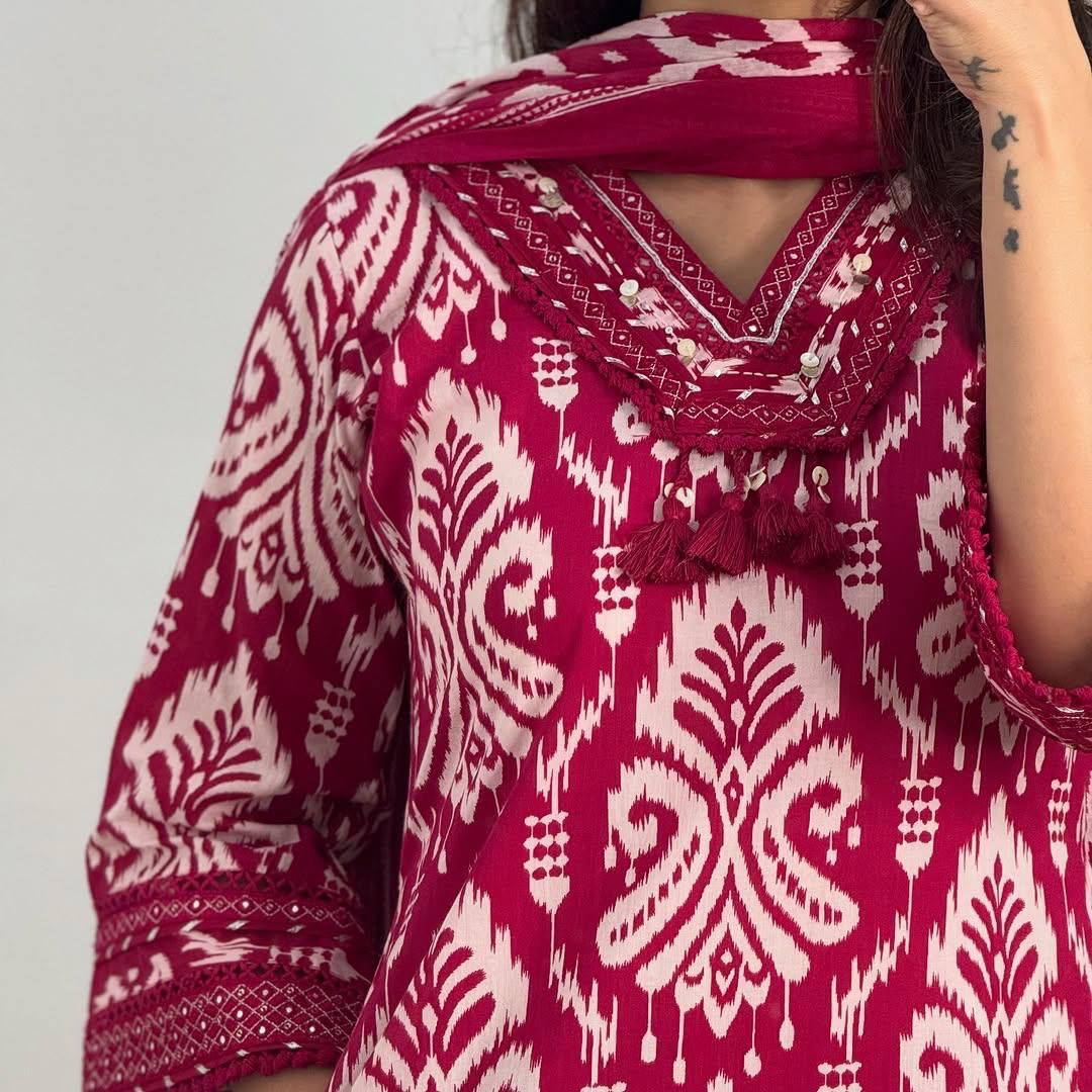 Comfort With Our Beautiful 3-Piece Embroidered Cotton Kurti Set :3 piece suit(top,bottom&dupatta)