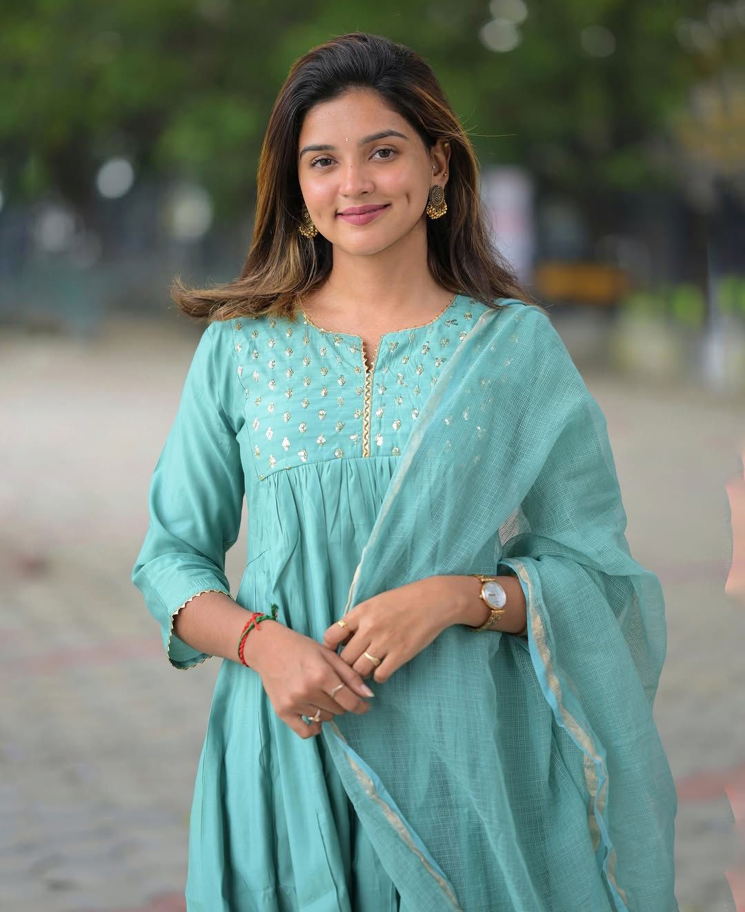 Summer Elegance Heavy Anarkali Kurti Set with Kota Doria Dupatta :3 piece suit(top,bottom&dupatta)