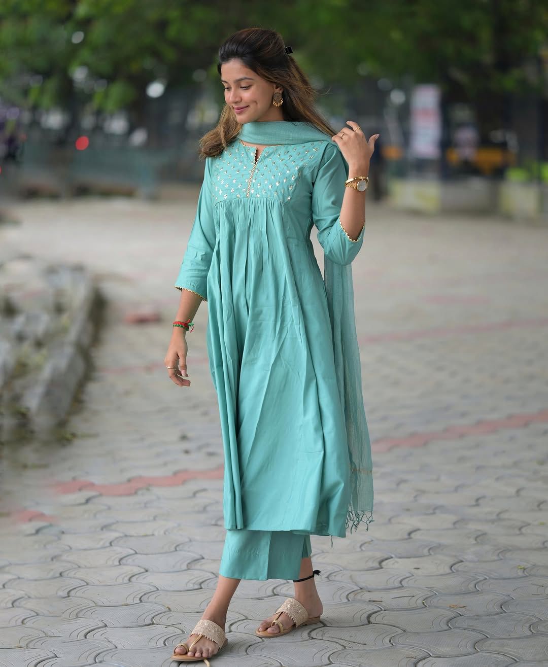 Summer Elegance Heavy Anarkali Kurti Set with Kota Doria Dupatta :3 piece suit(top,bottom&dupatta)