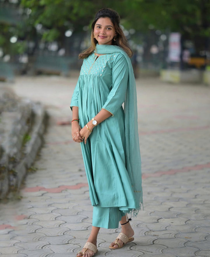 Summer Elegance Heavy Anarkali Kurti Set with Kota Doria Dupatta :3 piece suit(top,bottom&dupatta)