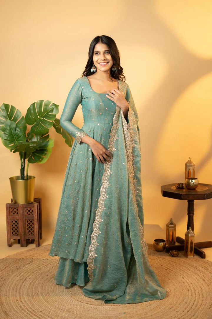 New Chinnon Anarkali with Embroidery & Border Dupatta :3 piece suit(top,bottom&dupatta)