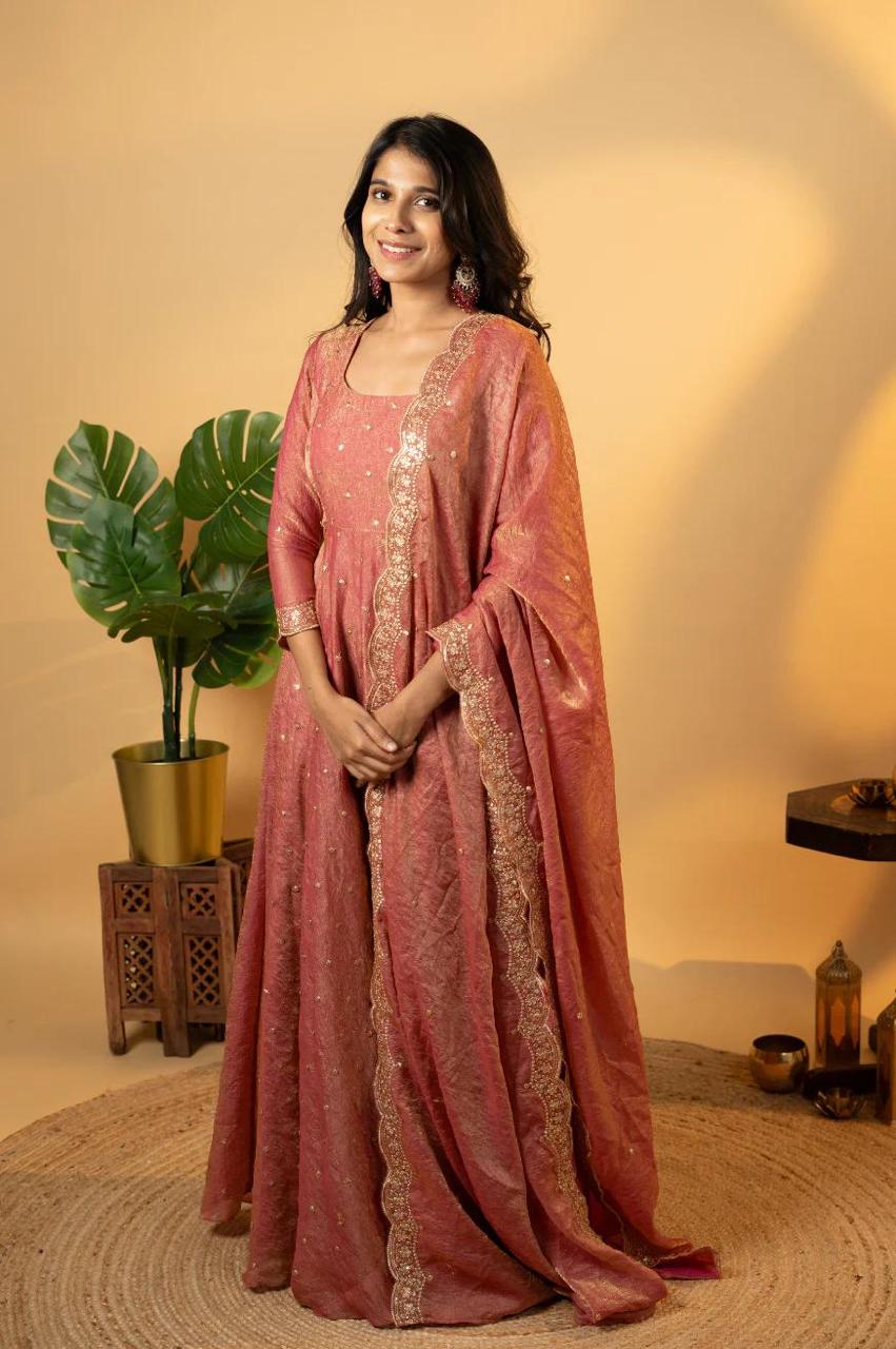 New Chinnon Anarkali with Embroidery & Border Dupatta :3 piece suit(top,bottom&dupatta)
