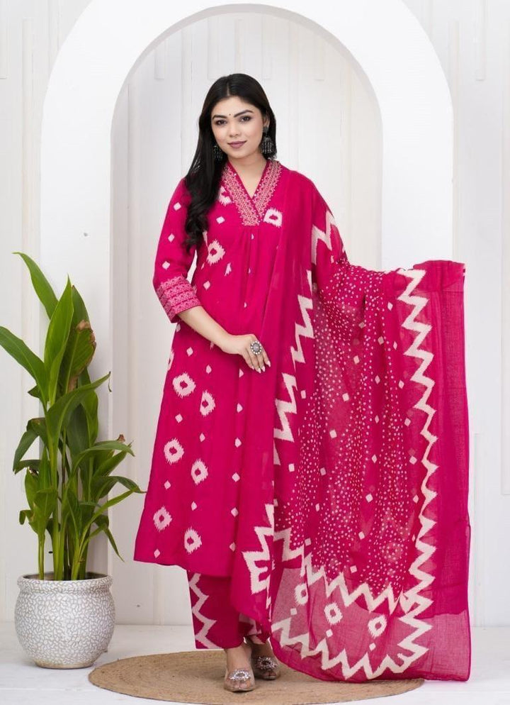 Premium Discharge Cotton 3-Piece Set with Handwork :3 piece suit(top,bottom&dupatta)