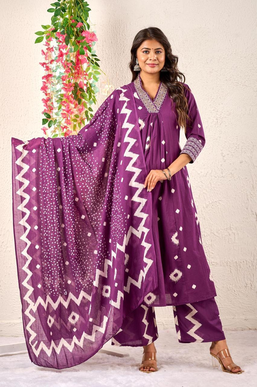 Premium Discharge Cotton 3-Piece Set with Handwork :3 piece suit(top,bottom&dupatta)