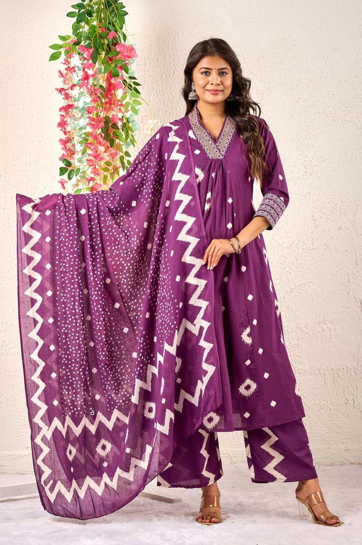 Premium Discharge Cotton 3-Piece Set with Handwork :3 piece suit(top,bottom&dupatta)