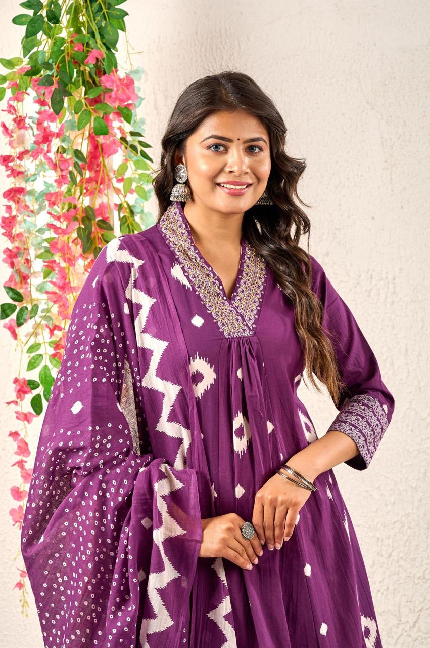 Premium Discharge Cotton 3-Piece Set with Handwork :3 piece suit(top,bottom&dupatta)