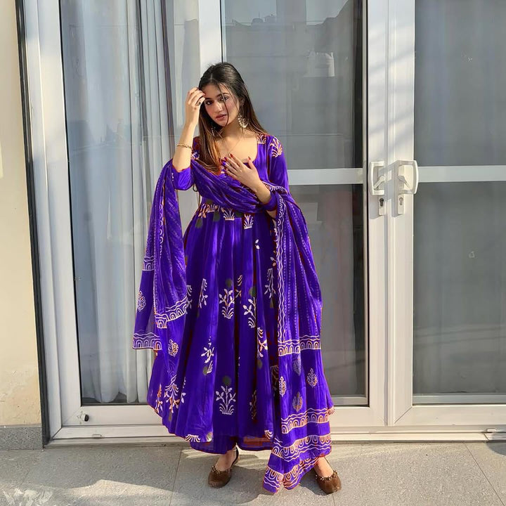 Floral Cotton Anarkali Set with Dupatta & Palazzo :3 piece suit(top,bottom&dupatta)