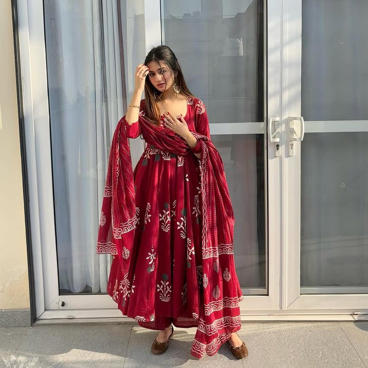 Floral Cotton Anarkali Set with Dupatta & Palazzo :3 piece suit(top,bottom&dupatta)