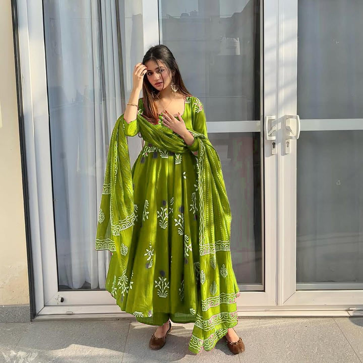 Floral Cotton Anarkali Set with Dupatta & Palazzo :3 piece suit(top,bottom&dupatta)