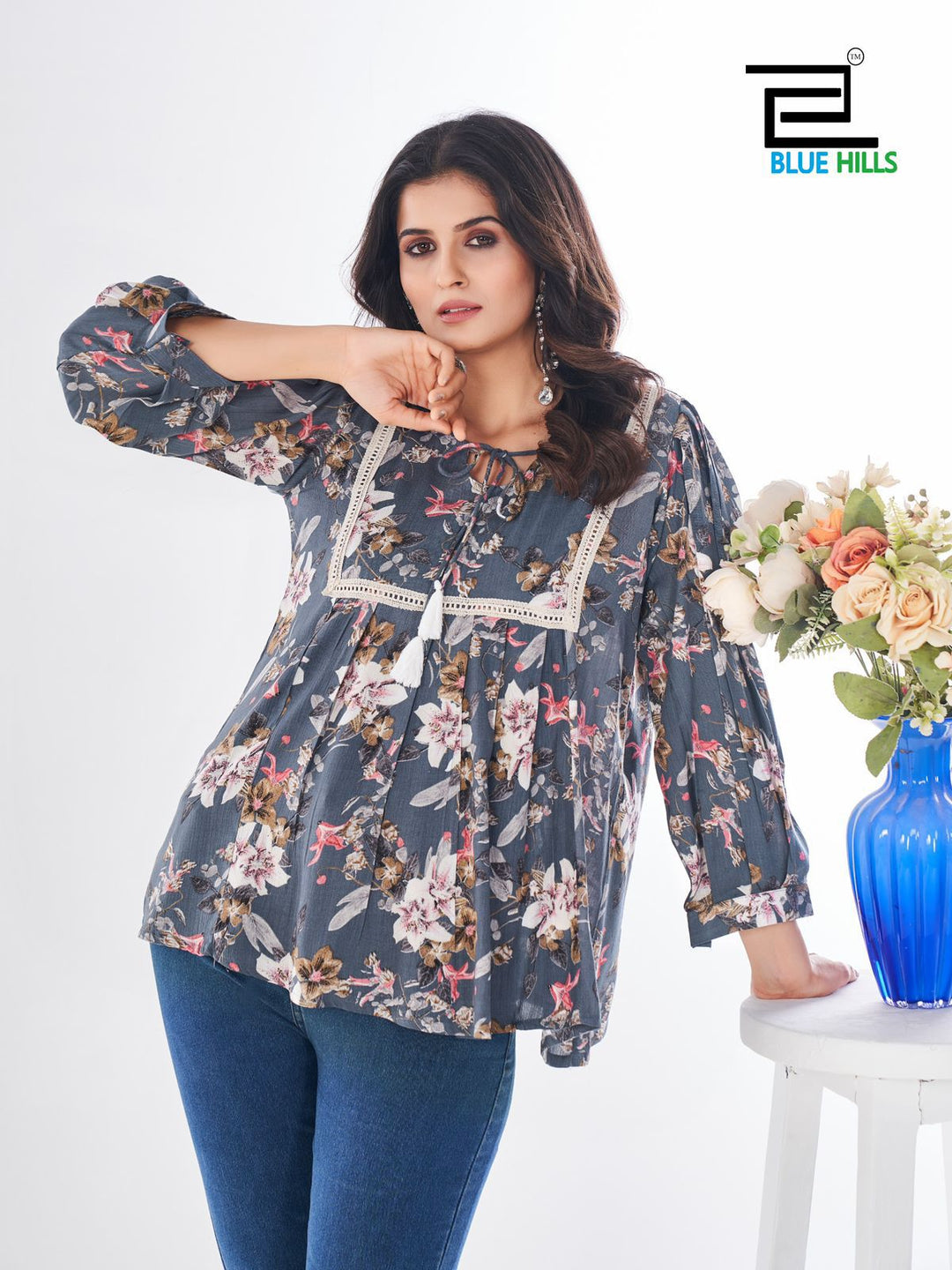 Heavy Wrinkle Rayon Short Top With Flower Print