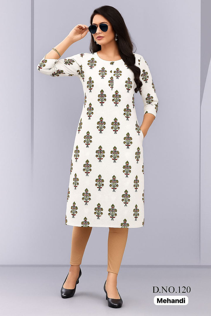Rayon Straight Printed Kurti with One Side Pocket