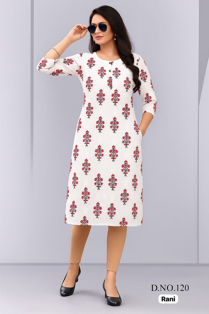 Rayon Straight Printed Kurti with One Side Pocket