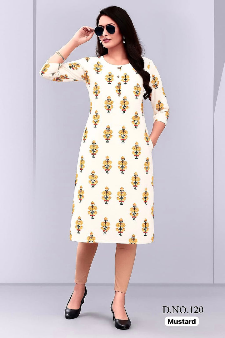 Rayon Straight Printed Kurti with One Side Pocket