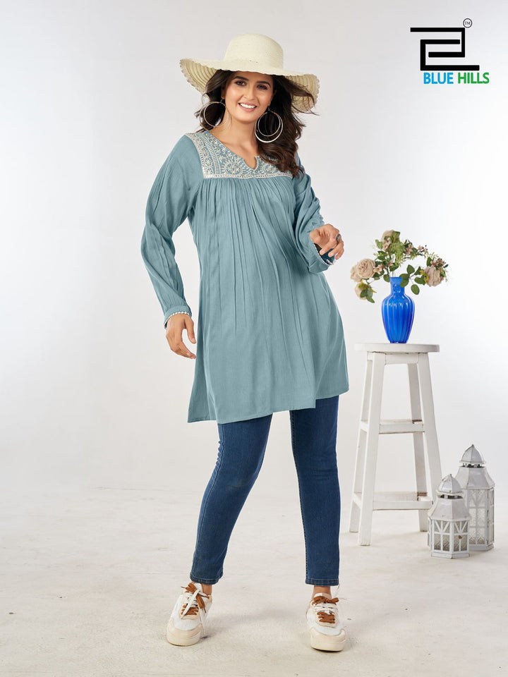 Kbs X Blue Hills Long Sleeves Stylish Tunic Embroidery On Neck